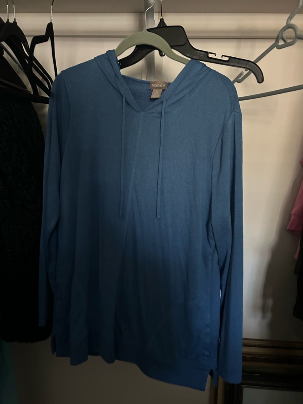 Chico’s size 2 Blue Hooded Knit Top
